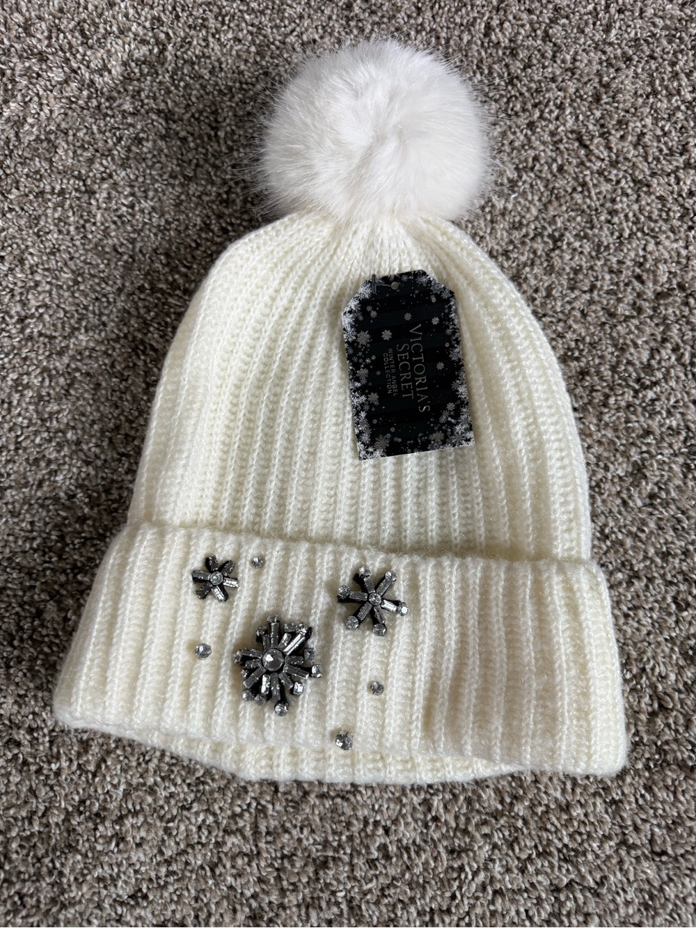 Victoria's Secret Ivory Ribbed Beanie with Faux Fur Pom and Crystal Snowflakes